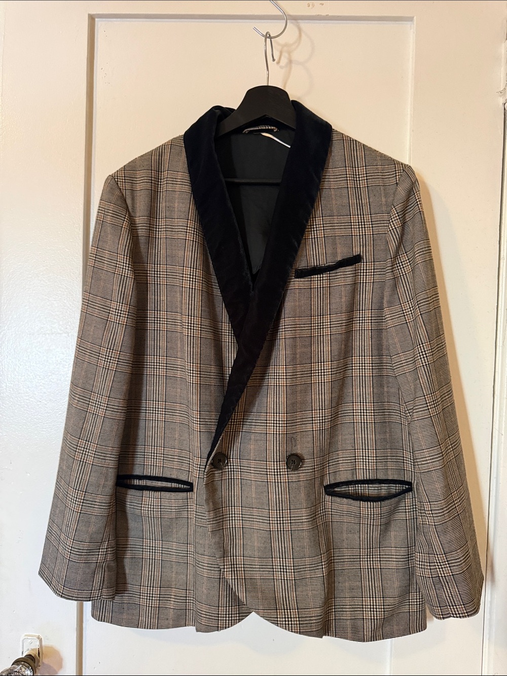 Free People Plaid Blazer with Black Velvet Shawl Collar